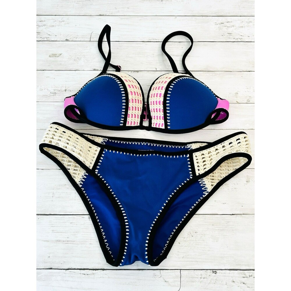 Victoria's Secret Surf Crochet Hottie Top 34DD Large Bottoms Bikini Blue Pink